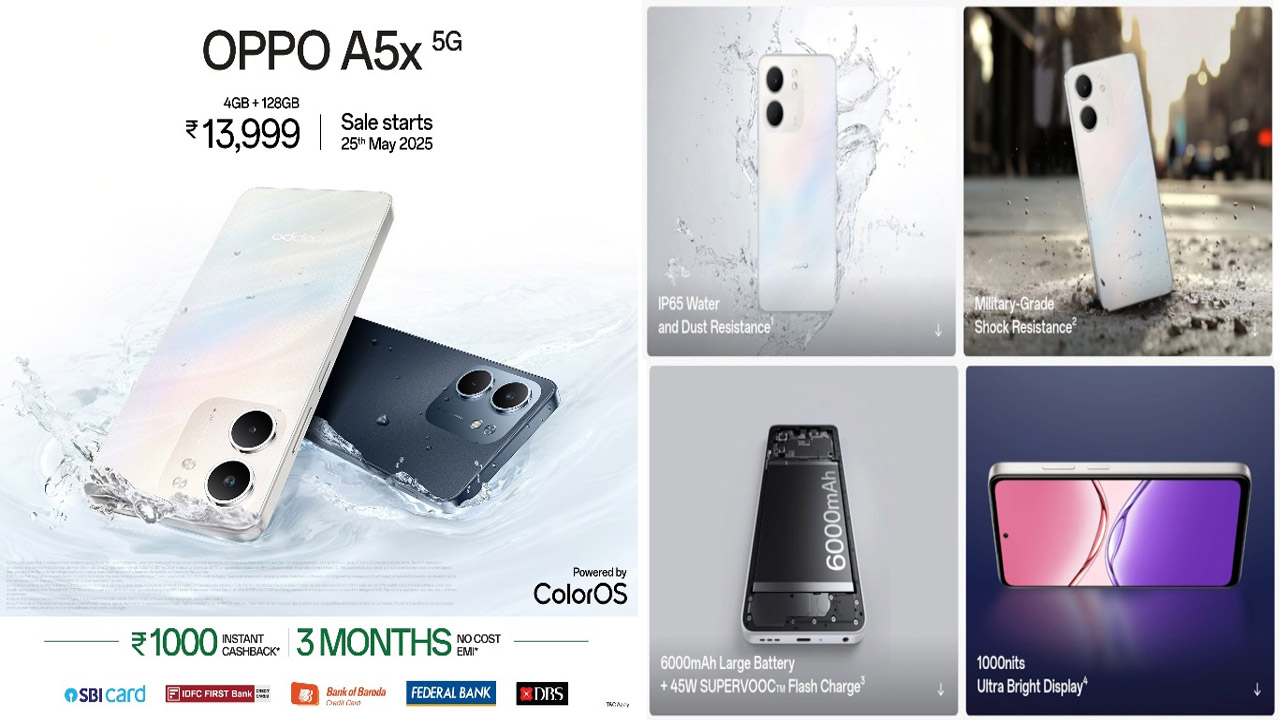 OPPO A5x 5G: రూ.13,999కే 6.67 అంగుళాల డిస్ప్లే, మిలిటరీ గ్రేడ్ బాడీ, 6000mAh బ్యాటరీతో ఒప్పో A5x లాంచ్..! OPPO A5x 5G: రూ.13,999కే 6.67 అంగుళాల డిస్ప్లే, మిలిటరీ గ్రేడ్ బాడీ, 6000mAh బ్యాటరీతో ఒప్పో A5x లాంచ్..!